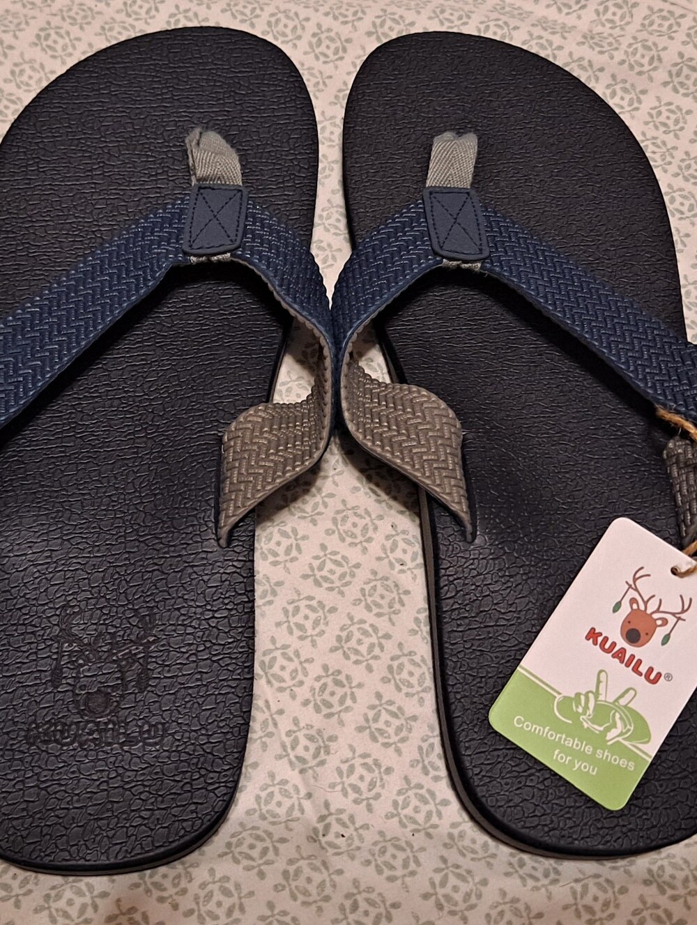 Kuailu Men's Navy & Gray Flip Flops - Casual Beach Sandals NWT sz 12
